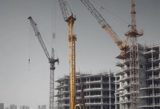 A large industrial crane dominates the scene, silhouetted against a cloudy sky. The structure is intricate with a lattice-like framework and several cables hanging down. In the background, smaller cranes and industrial equipment are visible along a waterfront.