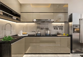 a kitchen with a stainless steel refrigerator and a sink