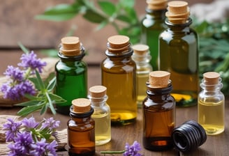 A white, sleek essential oil diffuser emits a gentle wisp of vapor, placed alongside a small dark bottle labeled ‘Eucalyptus’. They both rest on a soft gray fabric, accompanied by a branch of eucalyptus leaves that adds a natural touch.