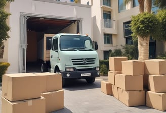 A large moving truck is parked on a residential street with its back doors open and a ramp leading down to the sidewalk. Boxes and furniture can be seen inside the truck, and a person is partially visible inside, seemingly organizing or unloading items. The surrounding area has lush green trees and grass, suggesting it’s a well-kept neighborhood.