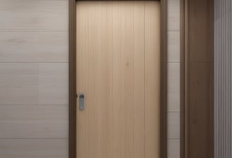 A wooden door with a deep brown color is framed by vertical gray panels. In front of the door, there is a white plastic table and three stacked white plastic chairs with a yellow logo or design on the top chair. The flooring is made of wooden planks, adding a rustic touch to the scene.