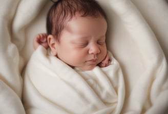 A hand is holding a smartphone displaying images related to newborns. The screen shows a grid of photos, including close-ups of baby feet, a baby wrapped in a blanket, and a baby being held by an adult. The background appears to be an alleyway with blurred walls and a light source visible.