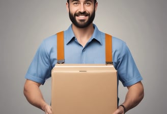 A person wearing a black cap and a black polo shirt with a courier service logo holds a large cardboard box. The background is a plain light gray, and the person appears to be smiling slightly.