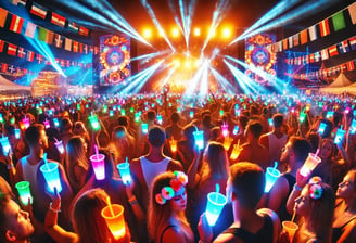 Crowd celebrating at a nighttime festival, holding multicolored glowing cups.