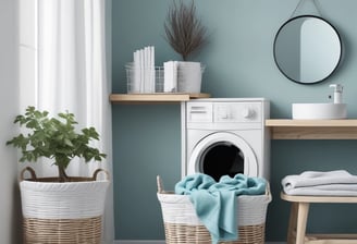 A laundry room featuring a series of large industrial washing and drying machines along a wall. The machines are metallic with blue trim and digital displays, suggesting they are coin-operated. A door is visible in the background. In the foreground, there is a metal laundry basket and a white cloth on a folding counter.