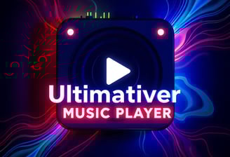 Farbenfrohes Design mit einem quadratischen Musikplayer-Logo, einem zentralen weißen Play-Button 