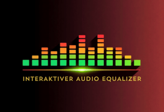 Logo eines interaktiven Audio-Equalizers mit farbigen Balkendiagrammen in Gelb, Orange und Grün 