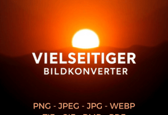 Werbegrafik für einen vielseitigen Bildkonverter mit einem Sonnenuntergang im Hintergrund. 