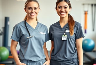 Dos fisioterapeutas sonrientes posando juntas en un entorno de gimnasio.