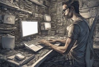a desk with a computer and speakers on it