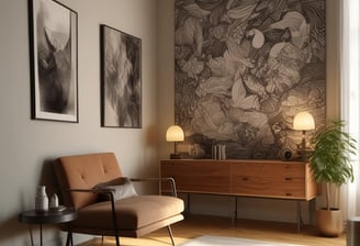 A dimly lit room with a person sitting by a window, partially illuminated by soft, warm light. The room has a massage table, some equipment, and artwork on the wall. Shadows cast interesting patterns, adding depth to the serene space.