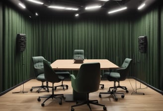 A modern podcast studio with professional microphone setups on a table surrounded by green and black office chairs. The room has acoustic foam on the walls for soundproofing and large square ceiling lights. The walls are predominantly adorned with decorative panels and some branding elements.