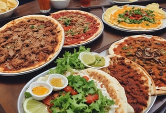An assortment of various fast food dishes is arranged on a light-colored table. The selection includes plates of doner kebab with vegetables and sauces, fries drizzled with ketchup, a wrap filled with vegetables and meat, a loaded sandwich topped with ketchup, and a side dish likely consisting of a baked item with melted cheese. The presentation is colorful and appetizing.