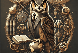 a poster of a owl with a book and a clock