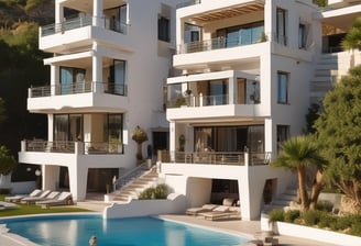 A luxurious multi-story residential building with a waterfront location, surrounded by palm trees and clear blue water. The architecture is elegant with arched windows and a light color palette.