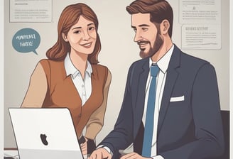 a woman in a business suit is standing in front of a man in a suit