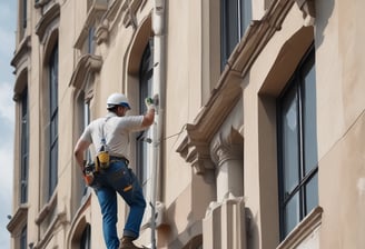 A person wearing an orange vest is cleaning up a grassy area outside a modern building, holding a sack. The area is bordered by a sidewalk, with the building featuring large windows and a sleek design.