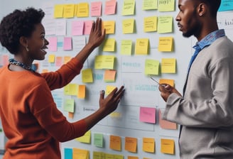 Two people are standing in front of a whiteboard containing various colorful sticky notes. The notes are arranged in a grid and each one has a word or phrase related to company values, such as 'Culture', 'Vision', 'Diversity', and 'Respect'. One person is gesturing towards the board, wearing a blue sweater, while the other is observing attentively, dressed in a red jacket.