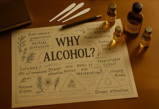 Fragrance worksheet titled “Why Alcohol?” with perfume notes, ethanol, and testing tools.