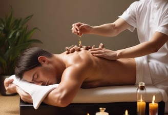 A person is lying on a massage table, covered with a dark towel, receiving a face massage. The massage therapist's hands are gently pressing on the person's forehead and eyes. The environment appears calm and relaxing.