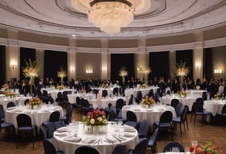 A formal event taking place in a dimly lit venue. Multiple round tables are set with tableware and decorated with floral centerpieces. Attendees are seated in black chair covers, wearing formal attire, some engaged in conversation while others appear to be listening or using their phones.