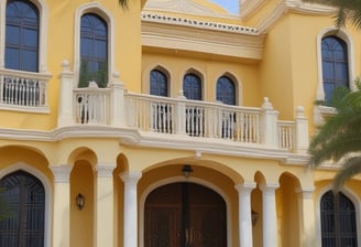 A scenic view of a Mediterranean-style villa with warm-toned walls, featuring arched windows and doorways. In the foreground, there is a reflective swimming pool that mirrors the building's architecture, surrounded by neatly trimmed bushes and outdoor seating areas. The sky is partly cloudy, adding to the serene ambiance of the scene.