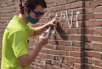 A construction worker wearing a hard hat and safety vest is applying a finish to a freshly laid concrete wall. The area is surrounded by muddy ground, and wooden and metal frameworks are visible. The background includes a brick wall and wooden boards.