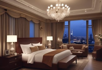 A hotel room with a neatly made bed featuring two yellow cushions and two bedside lamps providing warm lighting. A black and white headboard contrasts with the beige walls. In the foreground, a tray on a counter holds glass tumblers, mugs, and various coffee sachets. A promotional card for travel assistance leans against the tray.