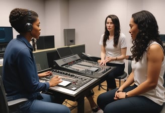 A person sits in a recording studio, surrounded by soundproof walls with acoustic panels. They are wearing a casual t-shirt and shorts. A computer monitor displays a dark screen with some visible reflections, and audio equipment is present, including speakers and a water bottle.