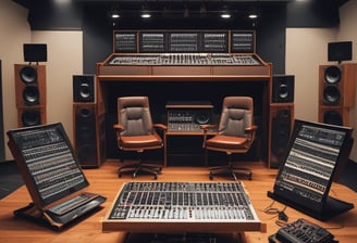 A person is standing in a recording studio. The individual wears headphones and is facing a professional microphone. The room is acoustically treated with foam padding on the walls. They appear to be gesturing with one hand in an expressive manner.