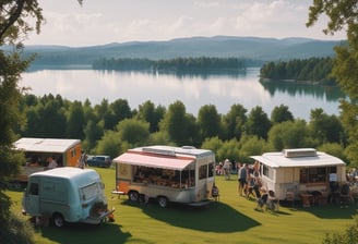 A lively outdoor festival scene with people walking and gathering in an open field. Colorful geometric structures with artistic designs are prominently displayed in the background amidst palm trees. The atmosphere is bright and sunny, indicative of a warm day.