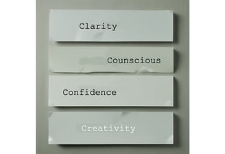 Four pieces of paper with the typed words: Clarity, Counscious, Confidence, Creativity.