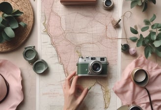 A collection of travel essentials sits on a detailed map. A vintage camera in a brown leather case rests near a smartphone displaying Cyrillic text. Next to it, a large white travel tumbler marked 'Journal' stands beside several electronic gadgets, including a portable music player, an external hard drive, and a set of coiled cables. A pack of color film and a blue notebook complete the setup.