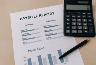 Payroll bookkeeping with calculator, report and pen for small business
