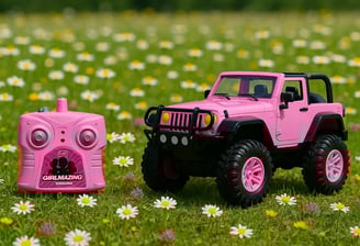 Carro a control remtoo Jeep color rosa en un campo de flores