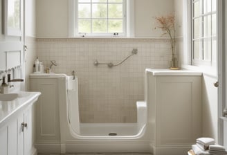 A modern bathroom featuring a white built-in bathtub with chrome fixtures including a handheld shower head attached to the wall. The bathtub is set against a glass wall with a blue hue, providing a contemporary look. Adjacent to the bathtub is a dark wicker basket for storage. The walls and floor are covered with beige tiles, adding a warm tone to the space.