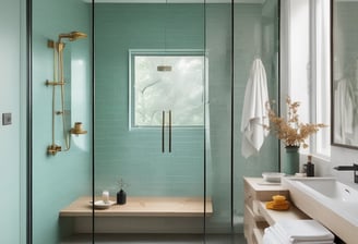 A clean and elegant bathroom features a large white bathtub with a modern design. At the front of the tub, there are neatly folded white towels and a textured blue bath mat draped over the edge. To the right, a potted orchid with purple flowers adds a touch of nature and color. Next to the orchid, two bottles of liquid soap or lotion are arranged near the faucet. The walls surrounding the tub are partially tiled with earthy-colored tiles, and a framed artwork hangs above the tub. A window on the left side lets natural light illuminate the space.