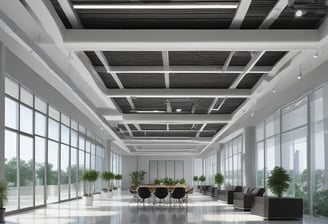 A spacious office interior with a tiled floor transitioning to a polished concrete surface. There are several closed office doors along the left side of the room, some with small windows. Office furniture is arranged around the room, including desks and chairs. A small office room is visible through an open door, equipped with a desk and chair. The ceiling features a grid of overhead lights, providing a well-lit atmosphere.