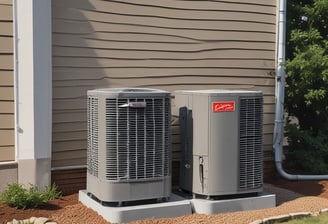 A row of air conditioning units is installed on the rooftop of a building. A person, wearing a hat, is working on one of the units. The building has several ventilators and metal ducts extending from it. The sky is clear and blue.