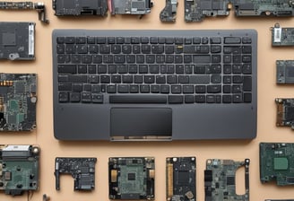 A laptop with a blank screen sits on a white desk. In the background, multiple colorful sticky notes and documents are posted on a large board, suggesting a creative or collaborative workspace environment.