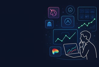 Digital illustration of a person at a laptop analyzing DeFi data, with surrounding neon icons repres