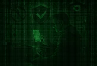 vault, with shield, cold wallet, scam alert blocked, and surveillance eye watching overhead.