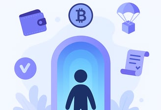 O ChatGPT disse: Alt Text: A 2D digital illustration titled "Crypto Starter Packs" shows a dark blue