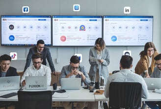 "A modern high-tech business office featuring digital screens with AI analytics, professionals working at computers, holograp