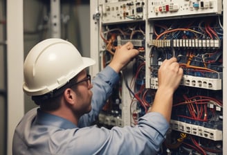 A construction site is depicted with exposed electrical wires protruding from a circular conduit in a rough concrete wall. The floor is covered in dust and debris, and there are multiple cables organized in a black mesh covering running along the floor.