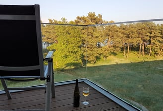 blick vom balkon des strand aparments auf die dünenlandschaft, kiefern, die ostsee