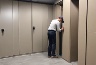 A modern bathroom showroom featuring a toilet, a glass shower enclosure, and dark tile flooring. The walls incorporate built-in cabinetry with minimalist designs. A wicker basket and some packaged products are visible under a counter.