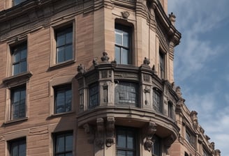 A historic building with intricate architectural details features arched windows and ornate decorations on the rooftop. The structure is made of red-brown bricks, and there are large glass windows with dark wooden frames. Decorative elements include balustrades and artistic carvings. In front of the building, there is a vintage streetlamp.