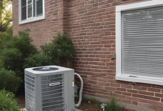 A series of air conditioning units are mounted on a metal structure outside a building with white paneling. Two large windows are visible behind the units, revealing the indoors with fluorescent lighting.