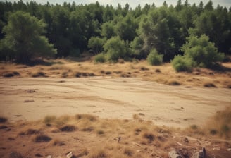 A barren landscape featuring cleared land with piles of logs and tree stumps scattered across the ground. The area is surrounded by standing trees and there are power lines visible in the distance.